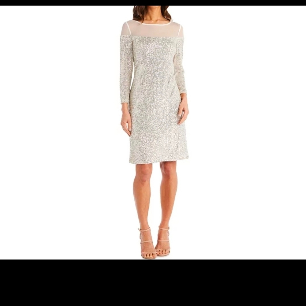 R & M Richards Women's Glittering Silver and Off White Long Sleeve Dress Size 10